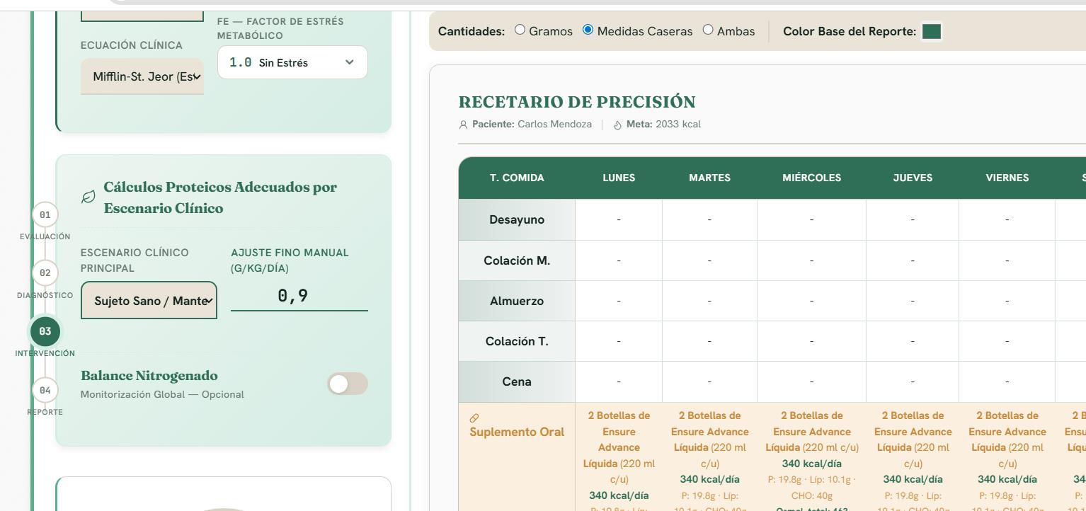 Recetario de Precisión — Nativa Health — plan semanal con 2033 kcal, Ensure Advance prescrito por día